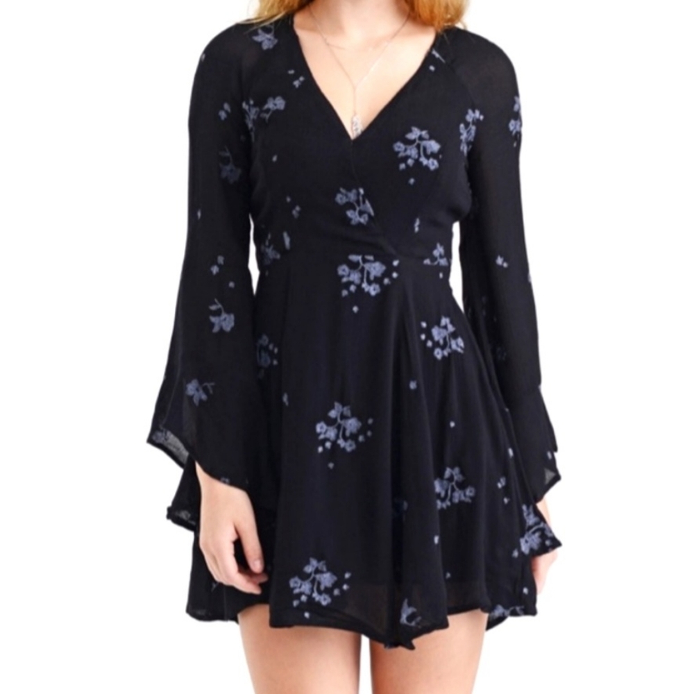 Free People Jasmine Bell Sleeve Elegant Black Floral Mini Dress Boho Whimsygoth